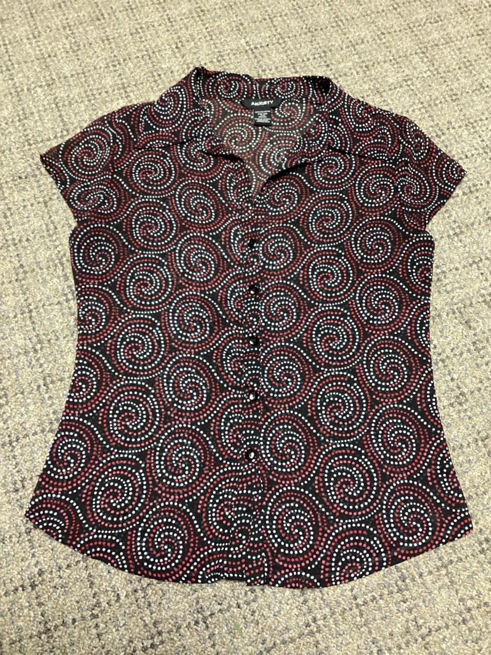 Anxiety Red Gray Black Spiral Dot Pattern Button Front Shear Blouse Size Medium